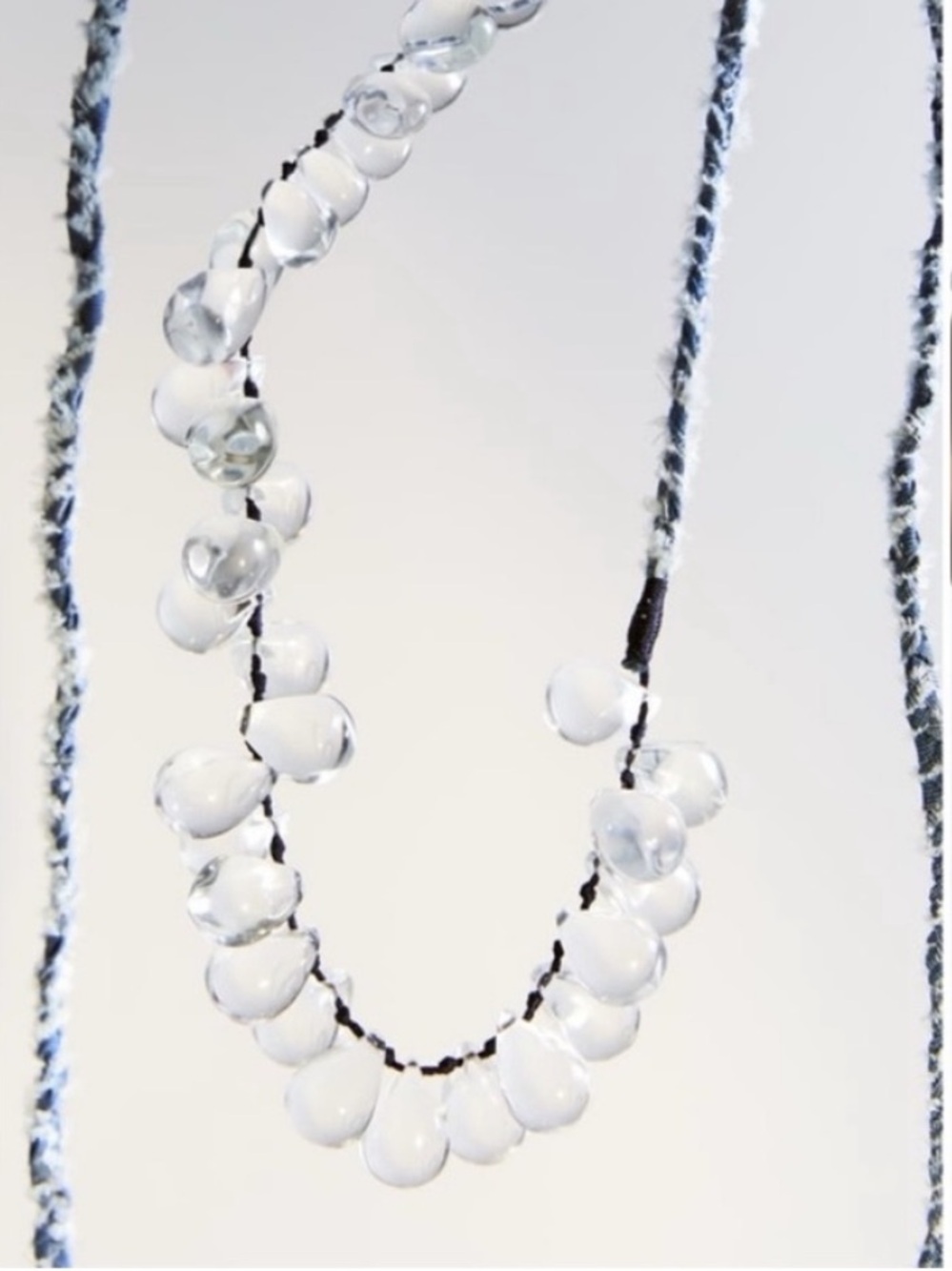 Zara NWOT Artisanal Clear Glass Drop Necklace Fabric Tie Boho Choker Hand Knot